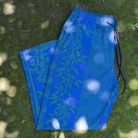 Blue/Green Bamboo Motif Trousers XL - Picture 1 of 1